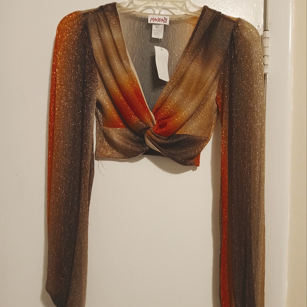 MadRag Multicolor Neutral Sparkle L/Sleeve V Neck Crop Top S